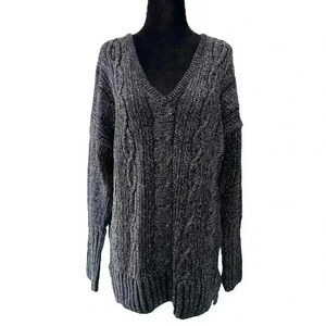 Topshop Oversized Sweater Cable Knit V Neck Tunic Black  Silver Metallic Small 4